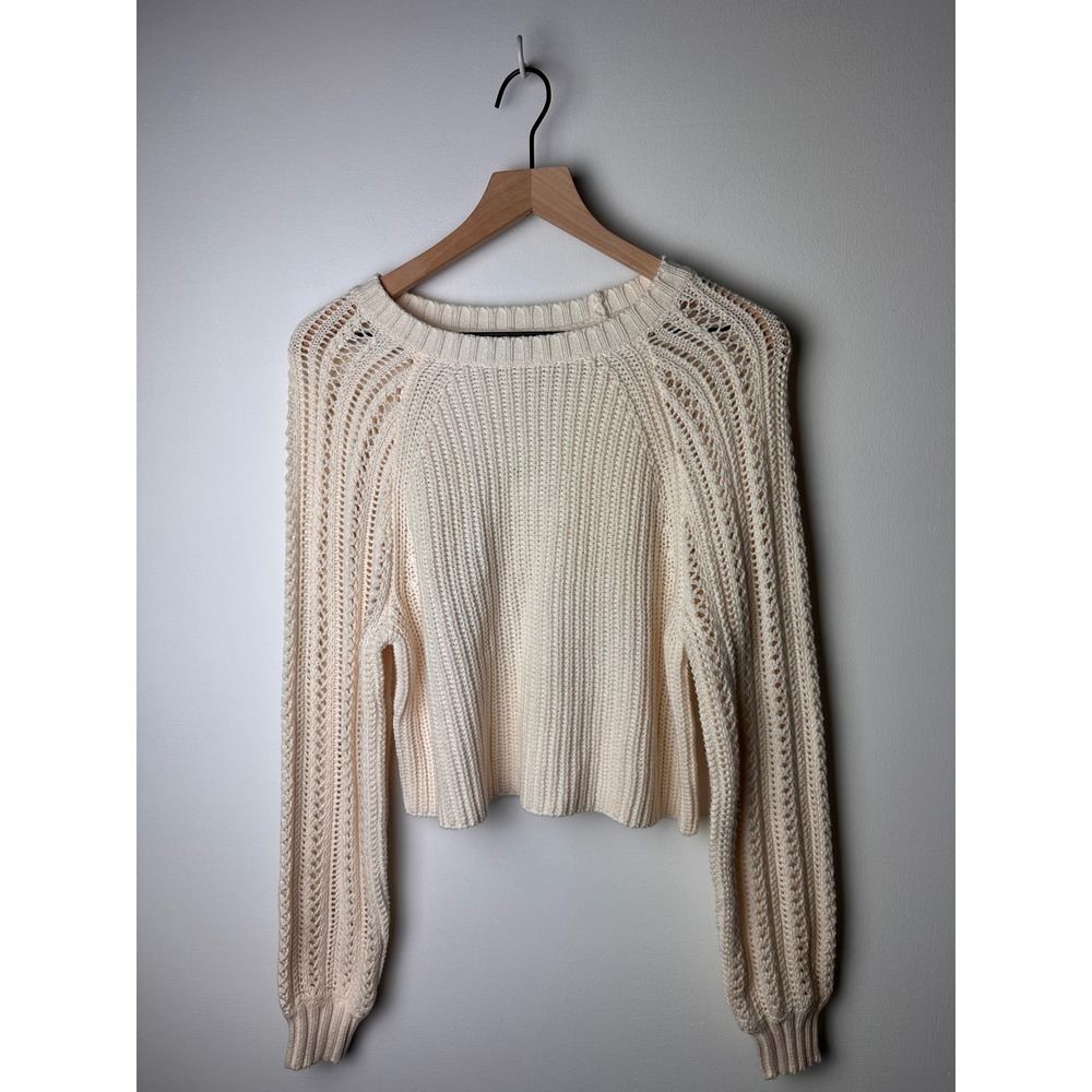 NWT American Eagle Cream Knit Cropped Sweater Long‎ Sleeve Open Stitch XS